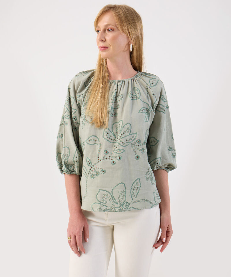 Blusa De Mujer Ojalillos Escote Fruncido Manga Globo