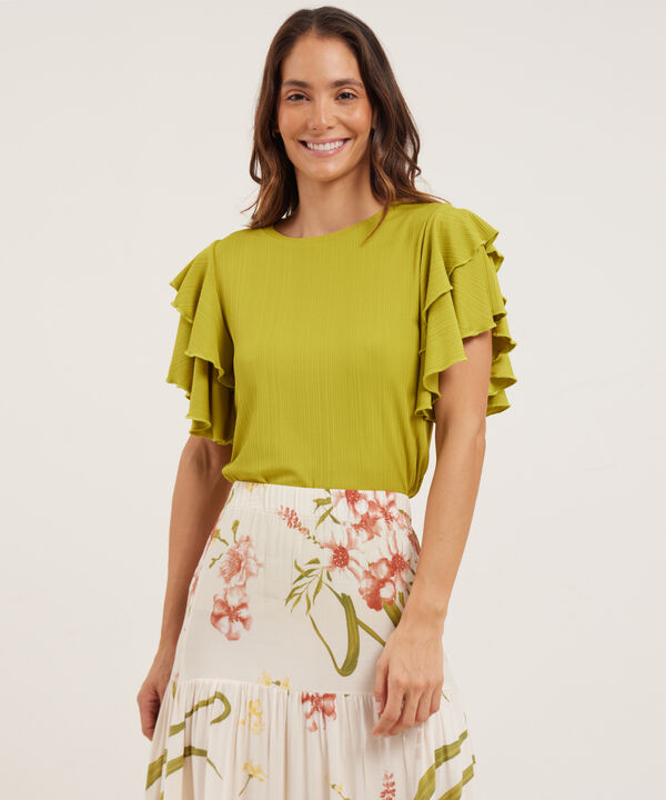 Camiseta Unicolor Textura Manga Corta Con Boleros, Trópico Floral