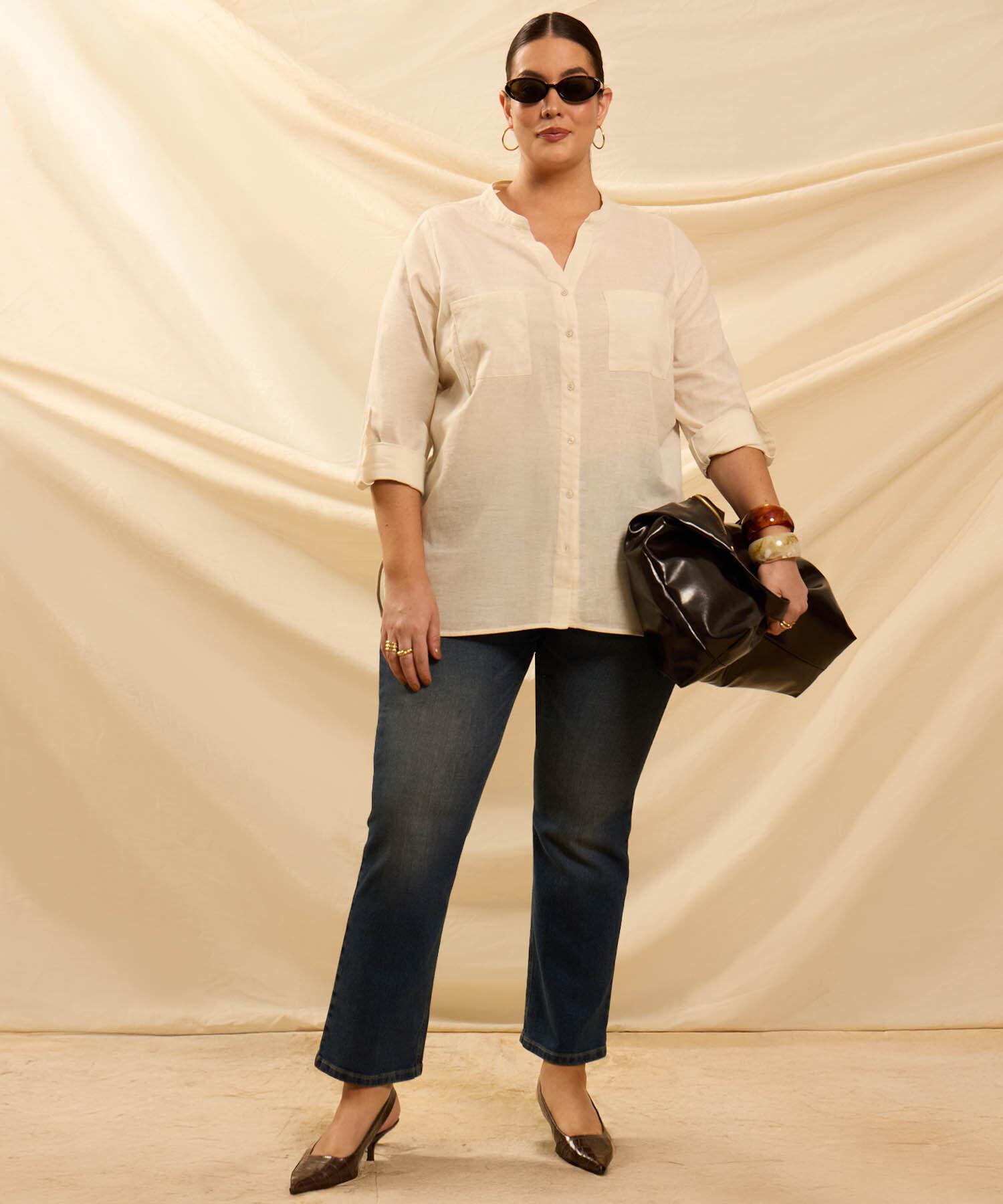 Blusa Unicolor Con Bolsillos Para Mujer Curvy