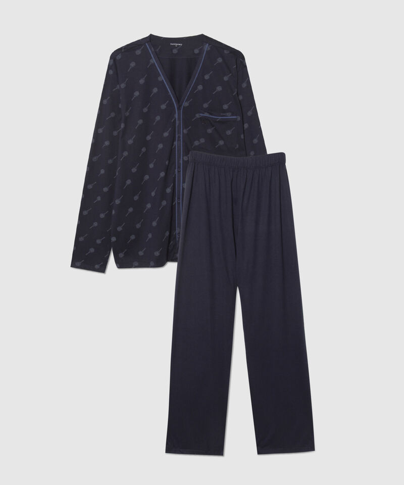 Pijama Set Camiseta Manga Larga Abierta Estampada Con Bolsillo Y Pantalon