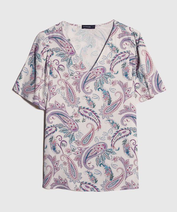Blusa Manga Corta, Escote En V, Estampada.