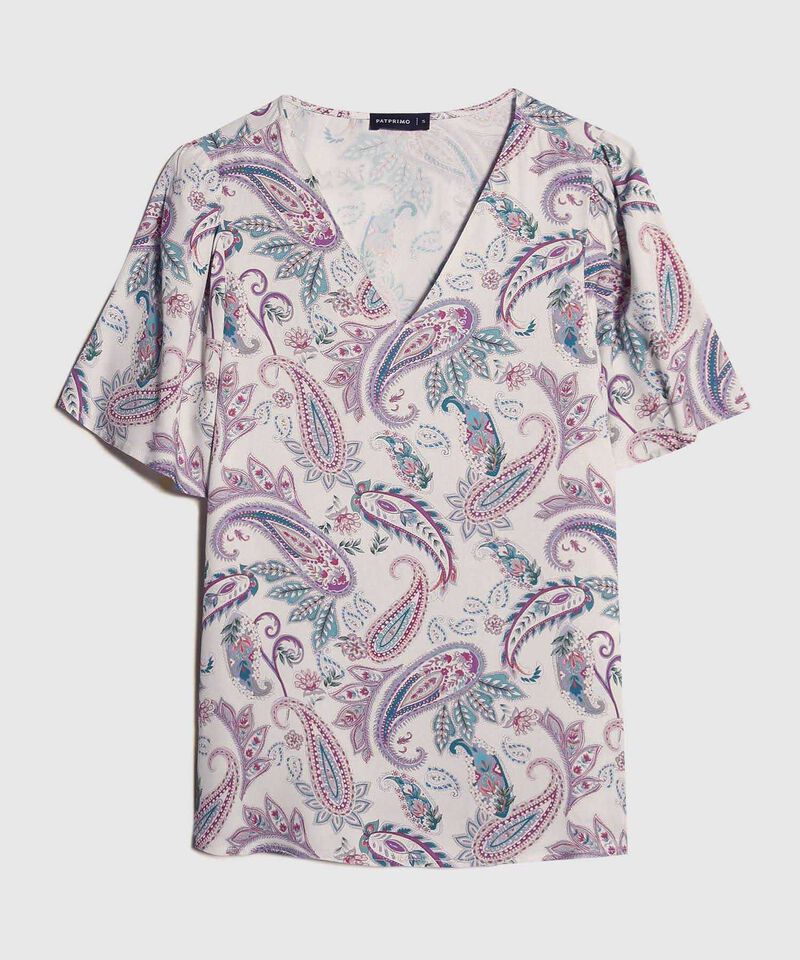 Blusa Manga Corta, Escote En V, Estampada.
