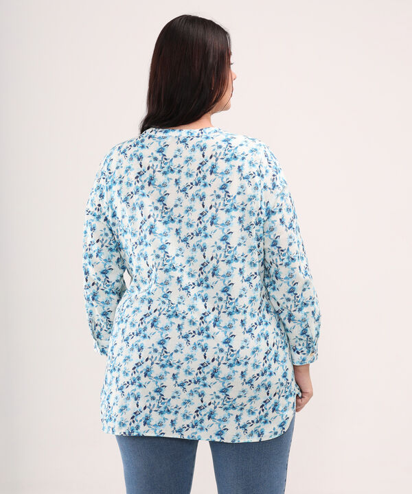 Blusa Estampada En Lino Manga 3/4 Cuello Nerú