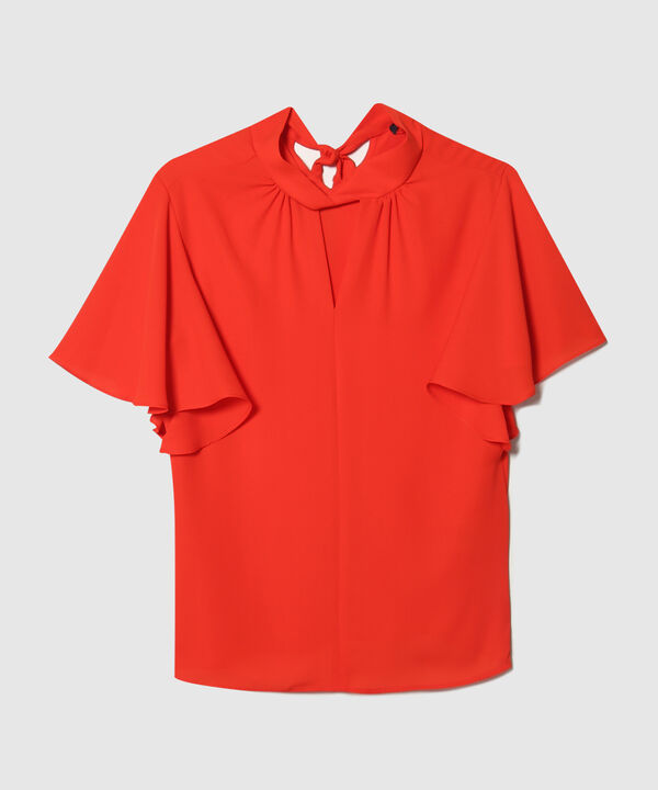 Blusa Unicolor, Manga Corta Tipo Campana, Cuello V Drapeado Cruzado Con Anudado En Posterior, Serena