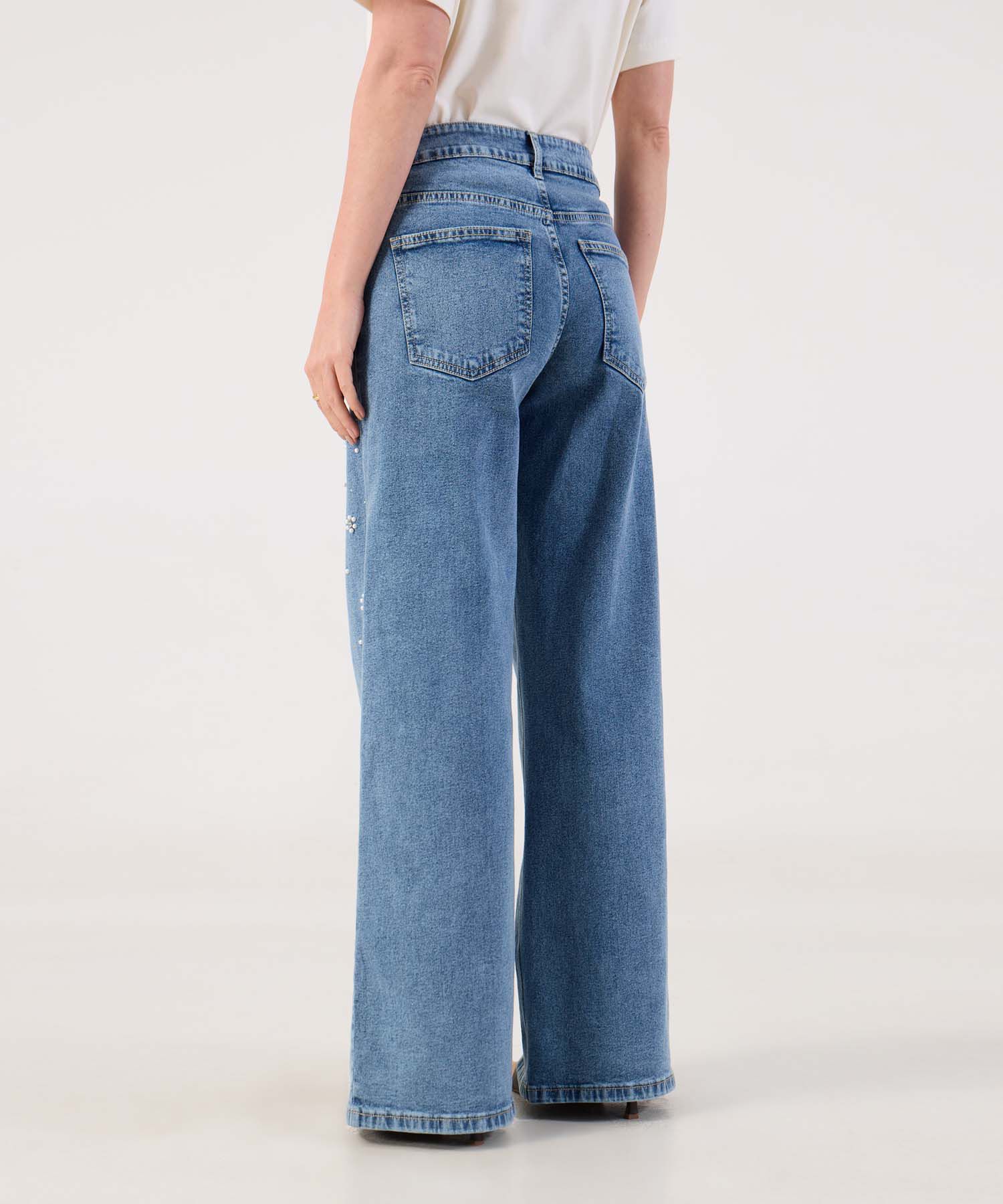 Jean Wide Leg Con Apliques De Perlas Para Mujer