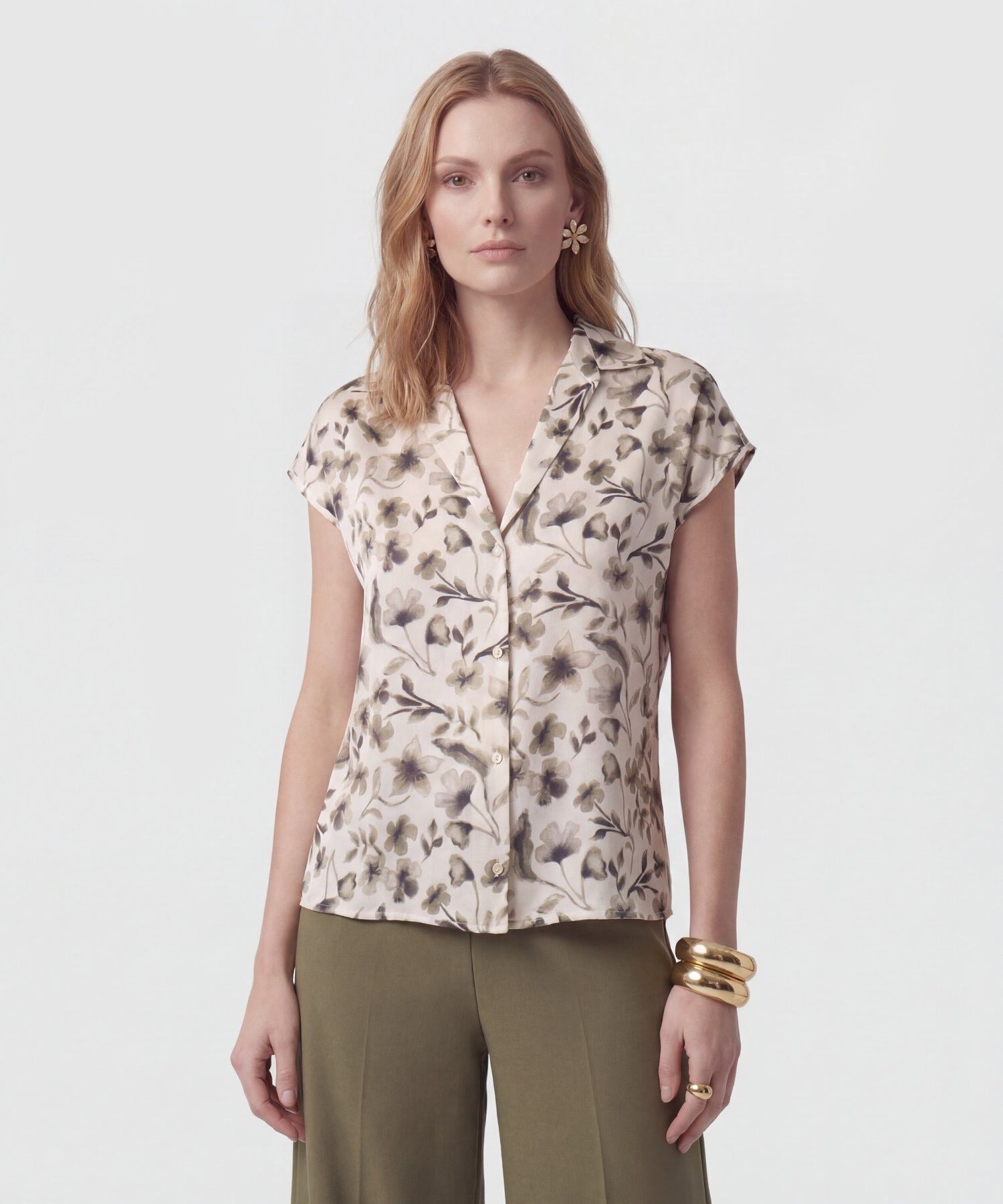 Camisa De Manga Casquillo Y Cuello Solapa Para Mujer