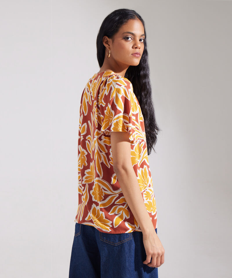 Blusa Estampada Escote V Con Manga Corta Volada Estampada