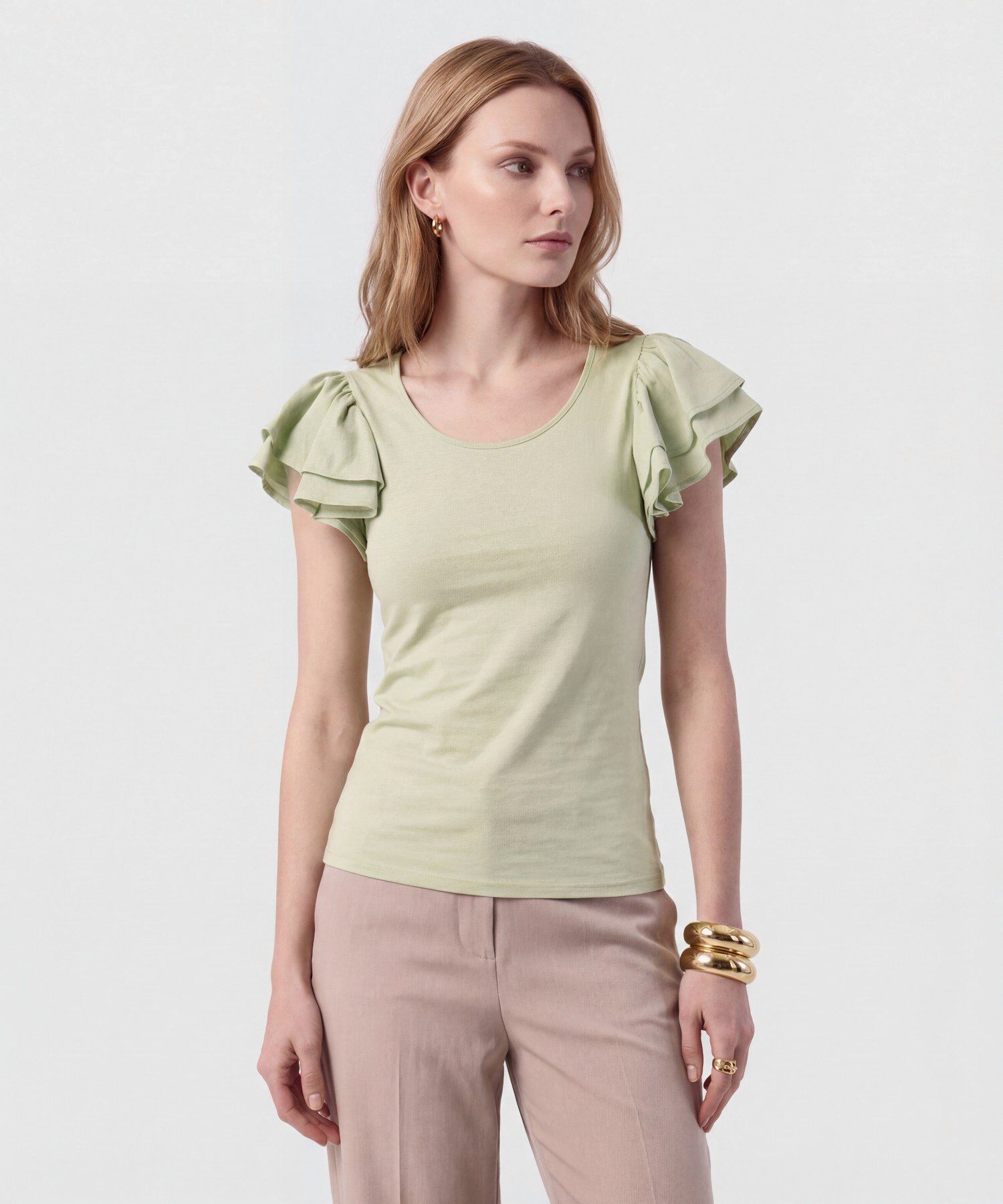 Camiseta Con Mangas De Volantes Para Mujer