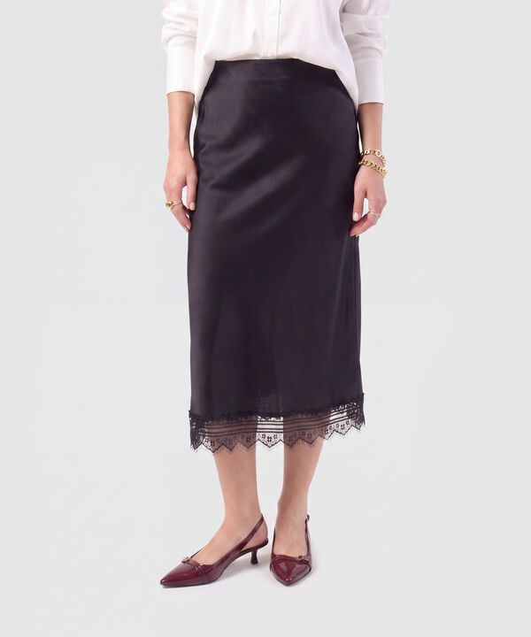 Falda Mujer Midi Unicolor Detalle Encaje