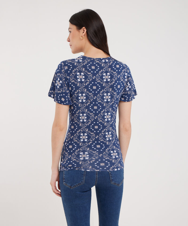 Camiseta Estampada, Manga Corta Con Vuelo, Escote V Con Tiras Cruzadas, Tel Aviv Linea Moda