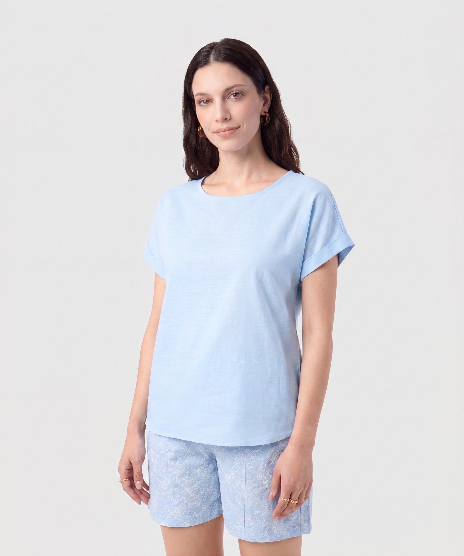 Blusa Manga Doblez Cuello Redondo Mujer