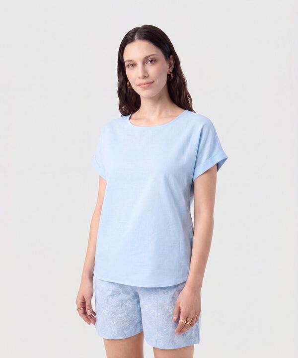 Blusa Manga Doblez Cuello Redondo Mujer