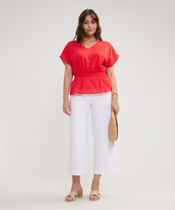 Blusa Unicolor Manga Corta, Escote V Con Encauchado En Cintura, Nautico Artesanal Línea Moda image number null