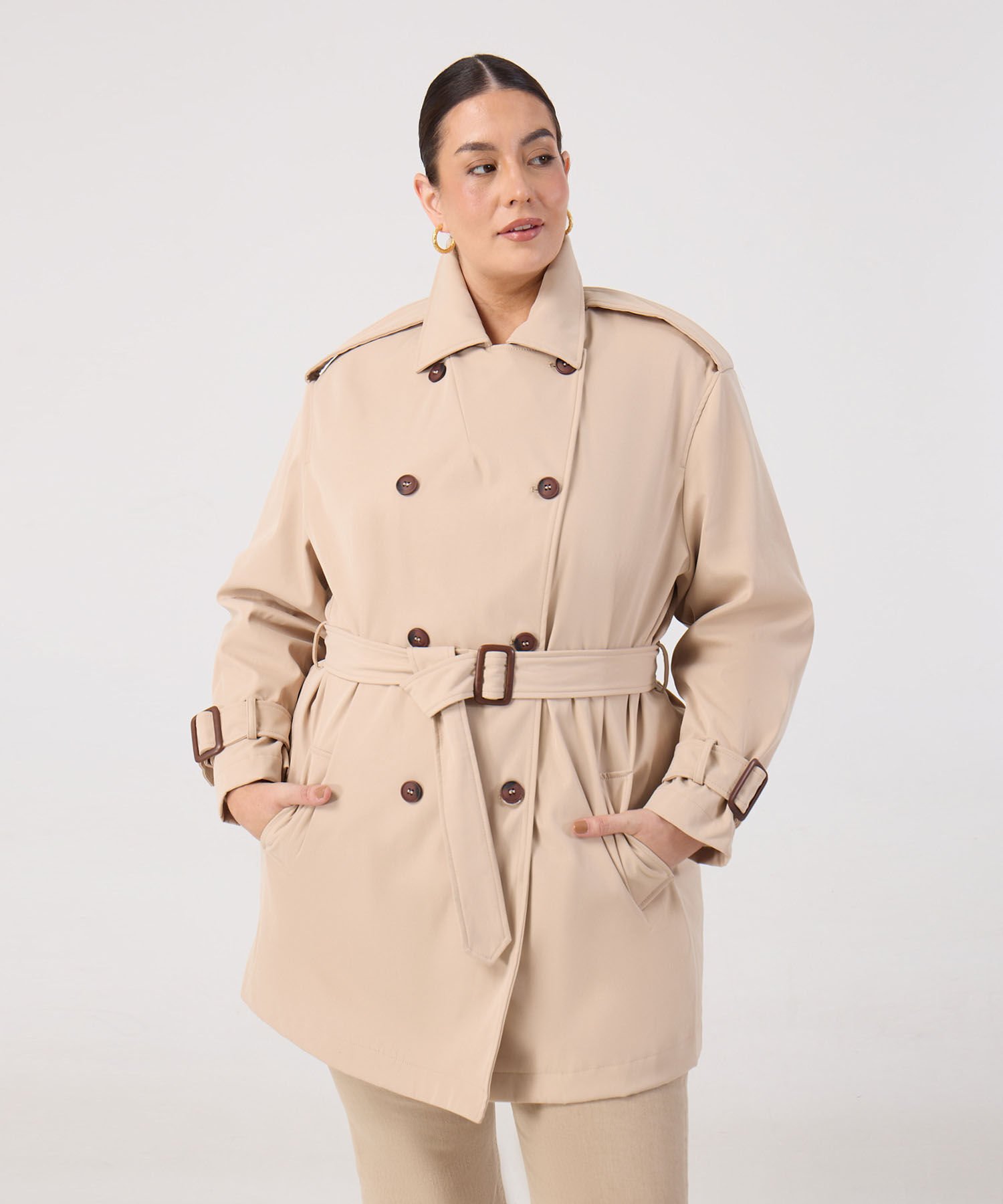 Trench Coat Con Cintur&oacute;n Y Charreteras Para Mujer Curvy