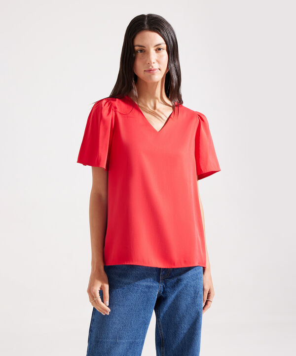 Blusa Escote En V Manga Corta Unicolor image number null