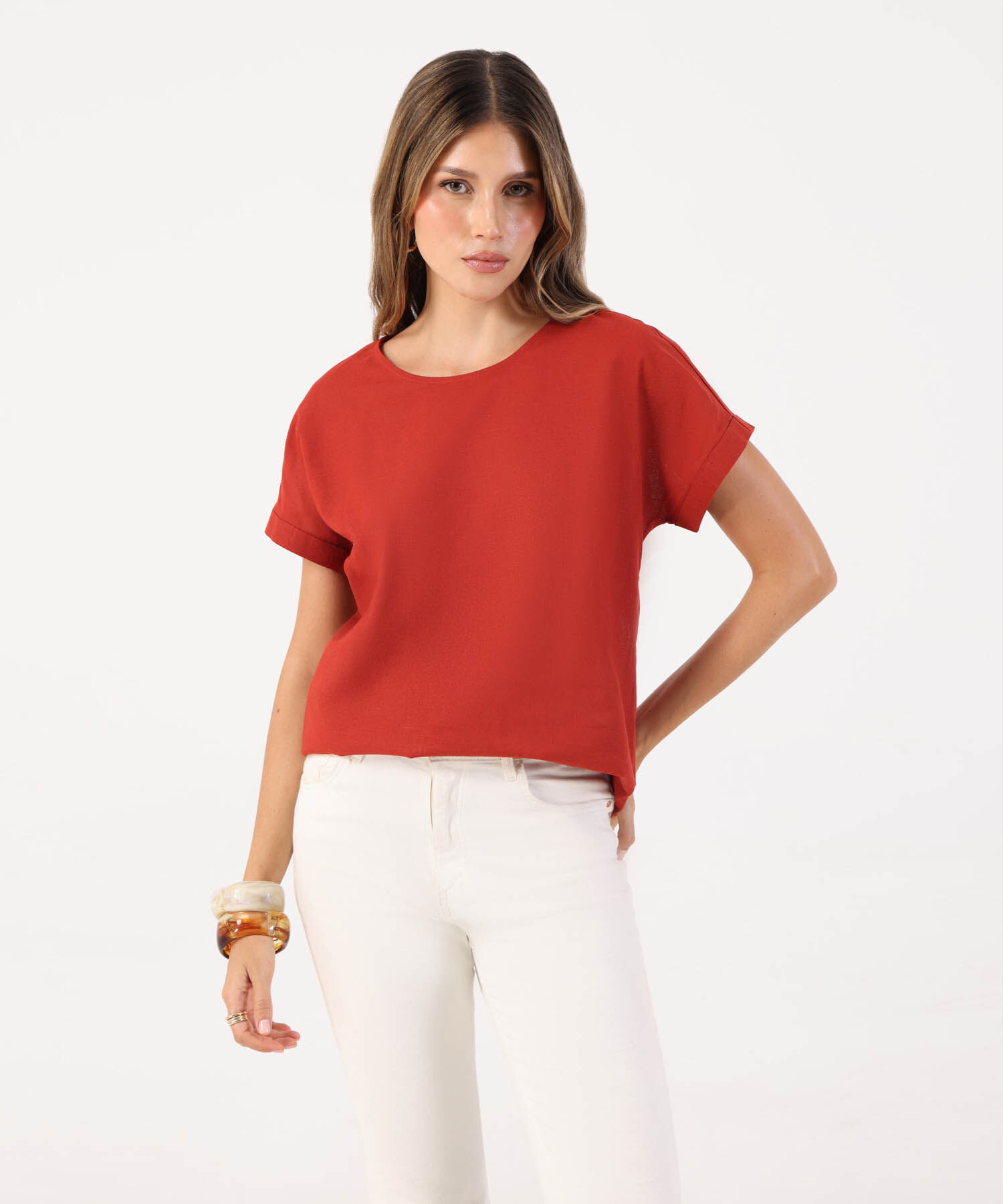 Blusa De Corte Recto Con Manga Rodada