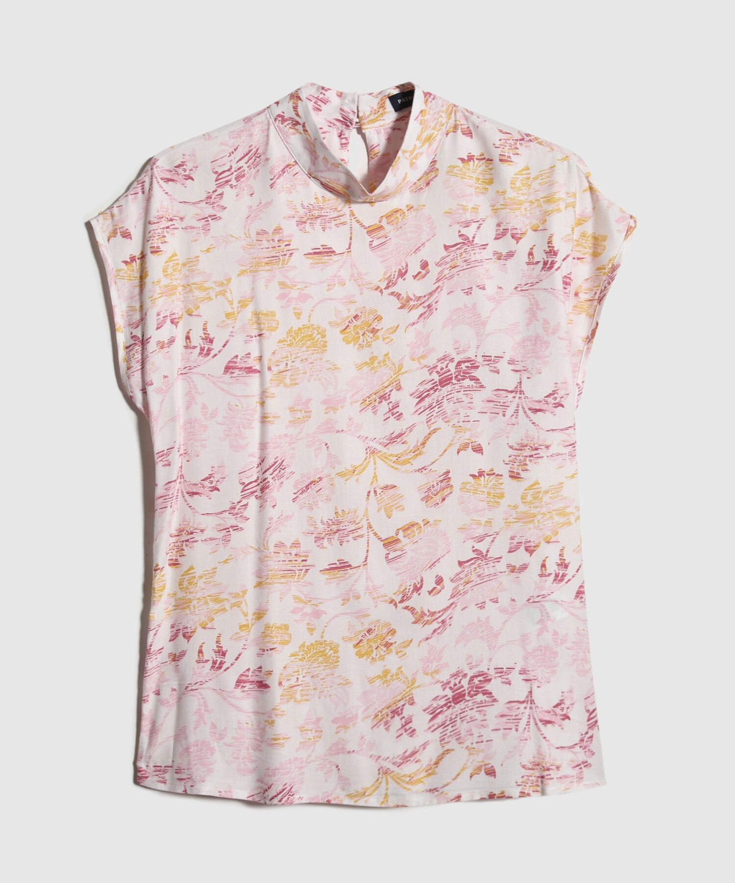 Blusa Estampada, Manga Corta, Cuello Alto, Silueta Fluida