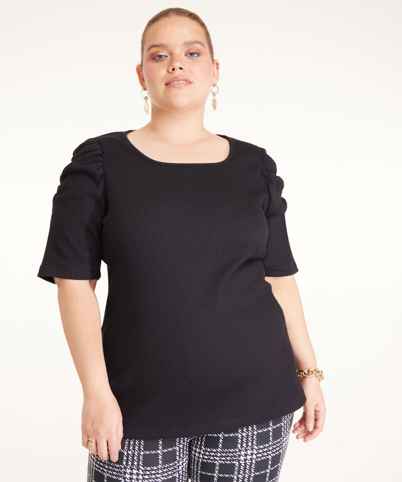Camiseta Unicolor Textura Acanalada Con Cuello Cuadrado Y Manga Corta Bombacha Con Fruncido