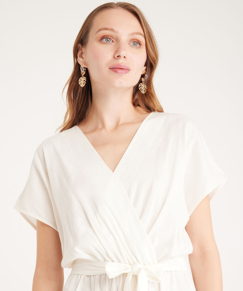 Vestido Manga Corta En Lino Largo Midi Con Cinturón En Tela Del Cuerpo
