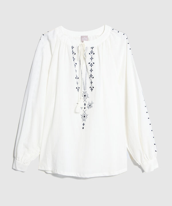 Blusa Unicolor Con Bordado Y Borlas