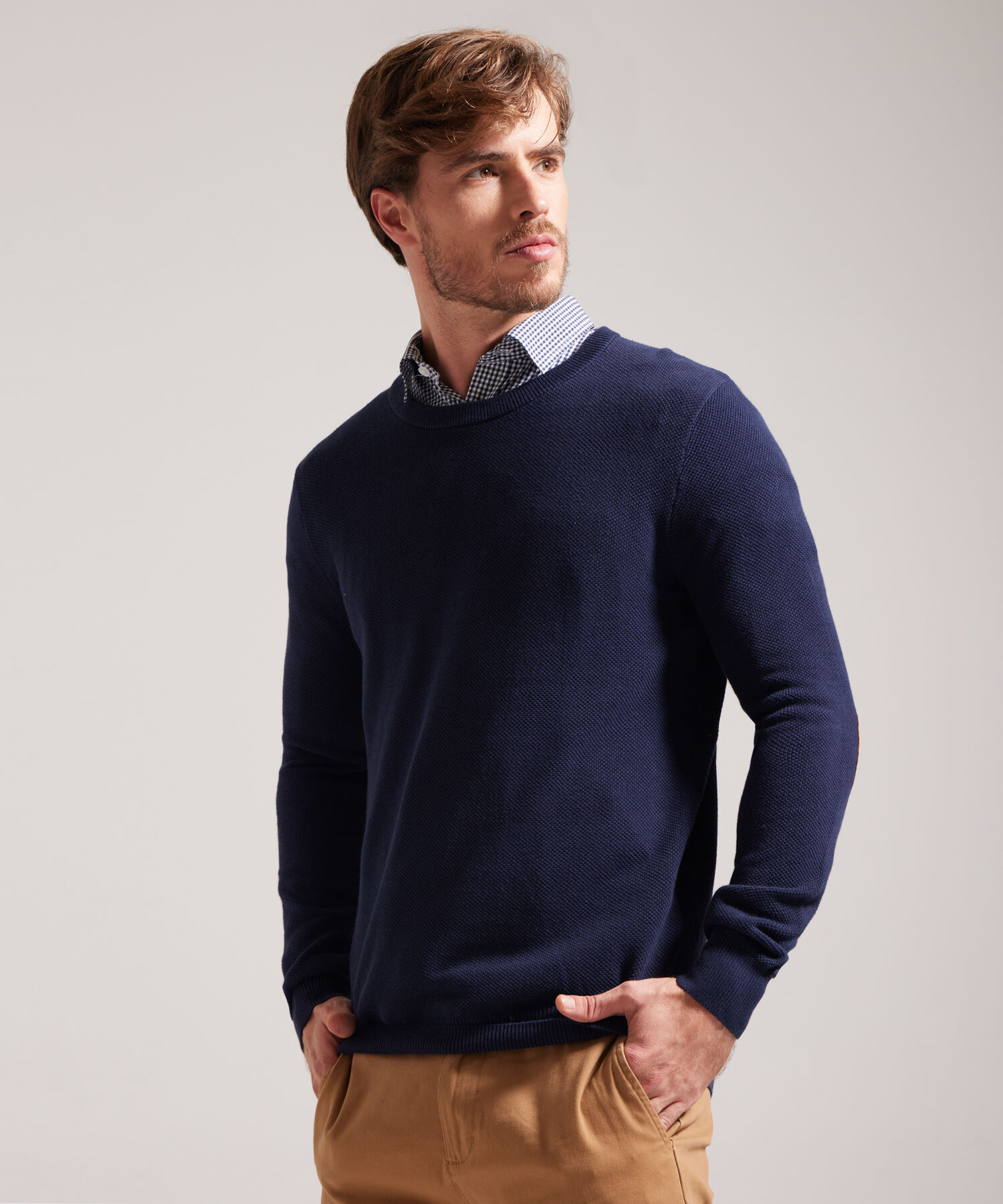 Saco Cuello Redondo, Tejido Con Textura Y Mangas Con Coderas