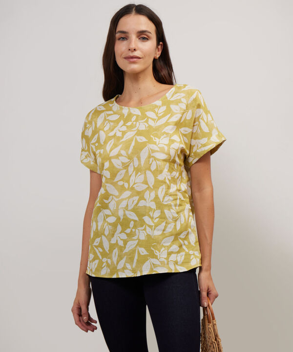 Blusa Manga Corta Con Guardapolvo  En Lino Estampada