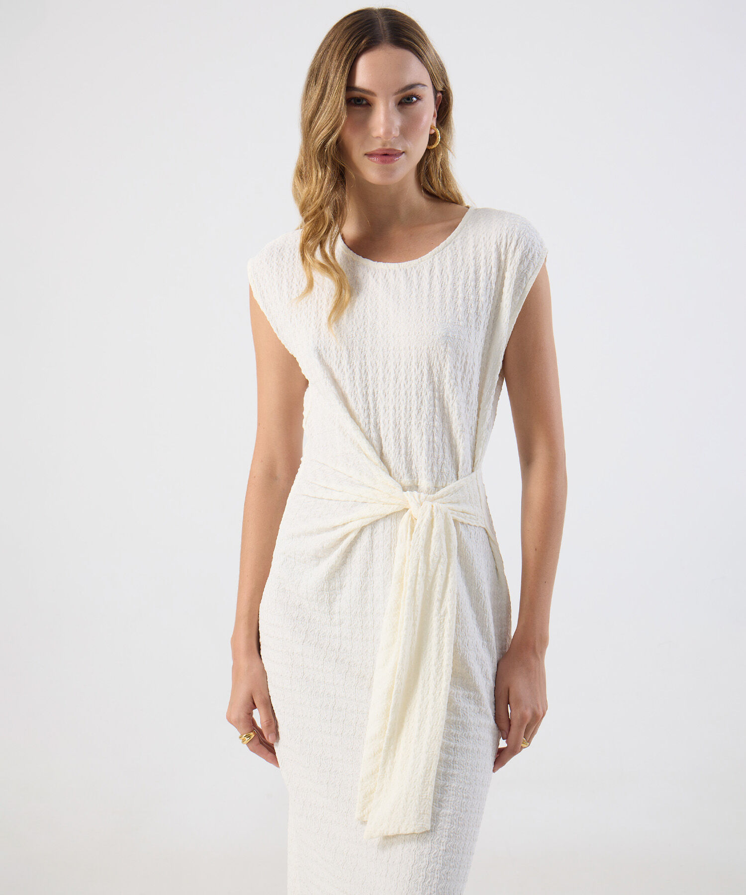 Vestido Para Mujer Midi Textura Nudo Frontal Elegante