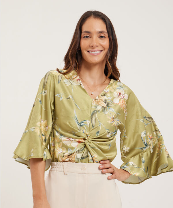 Blusa Con Escote En V, Mangas Con Volado Y Entorchado En Centro Frente image number null