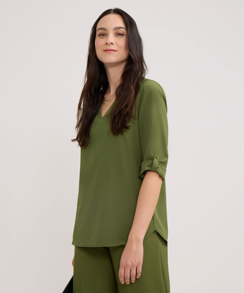 Blusa Manga Tres Cuartos Unicolor Escote En V