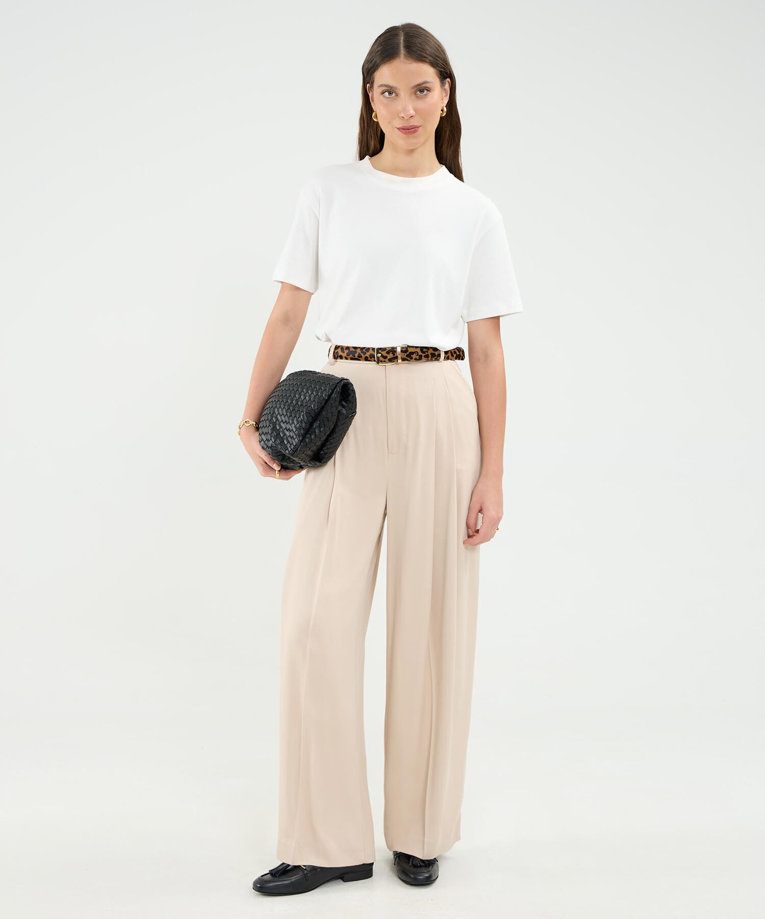 Pantalon Amplio Con Prenses Unicolor