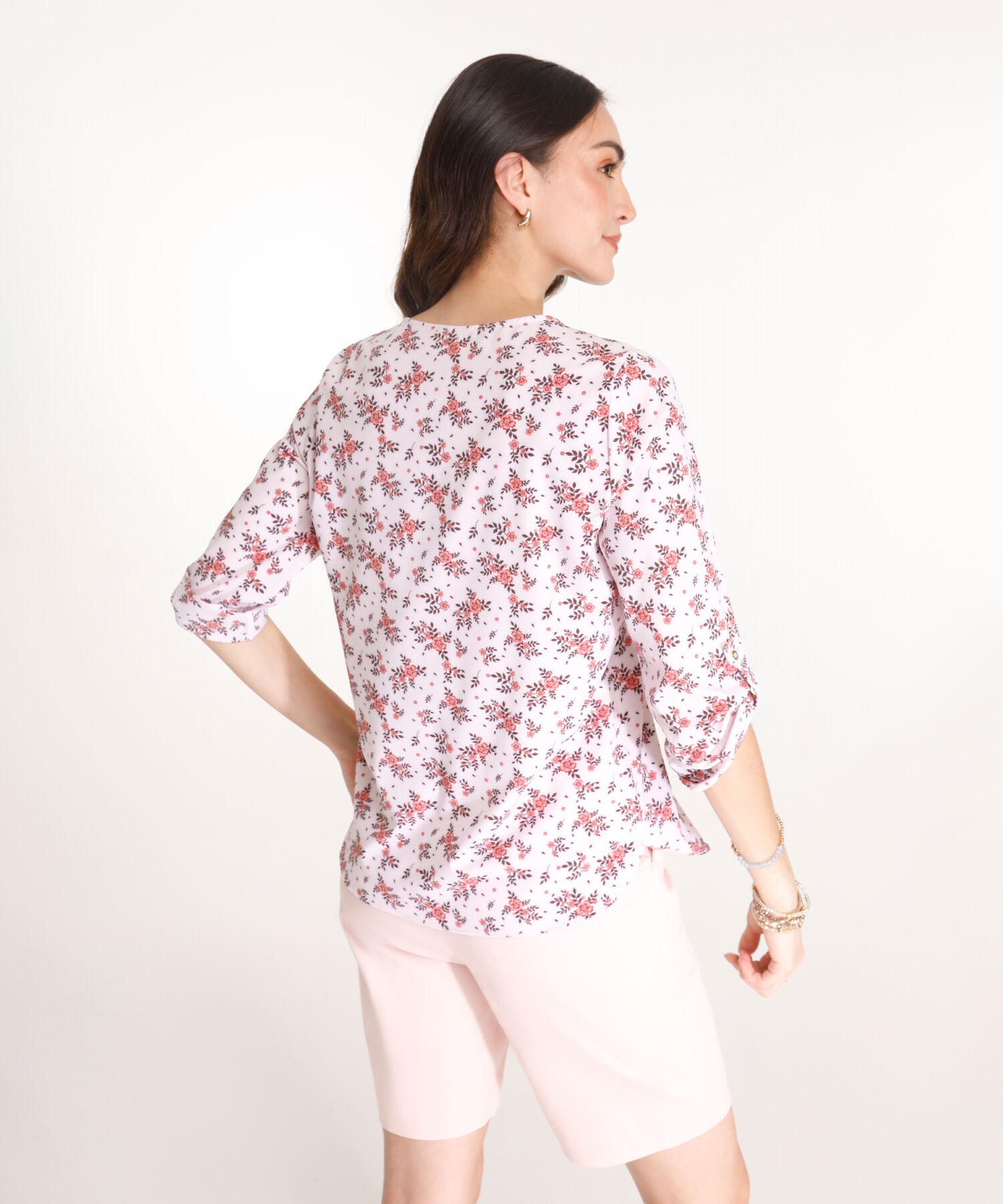 Blusa Estampada, Manga 3/4 Con Charretera, Cuello En V Y Silueta Fluida