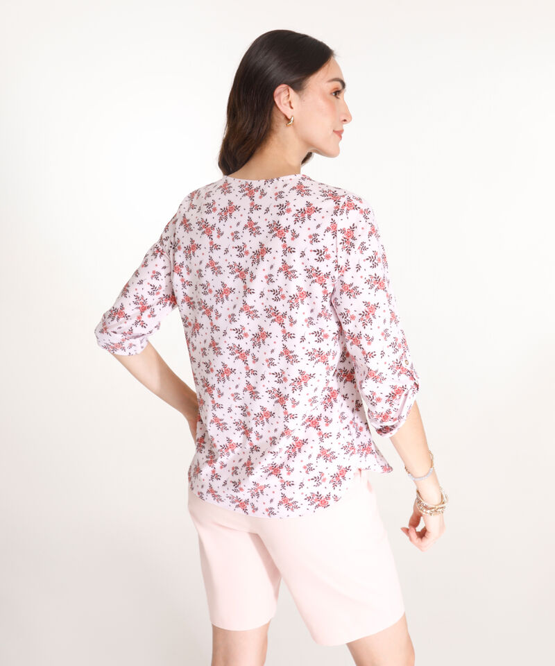 Blusa Estampada, Manga 3/4 Con Charretera, Cuello En V Y Silueta Fluida