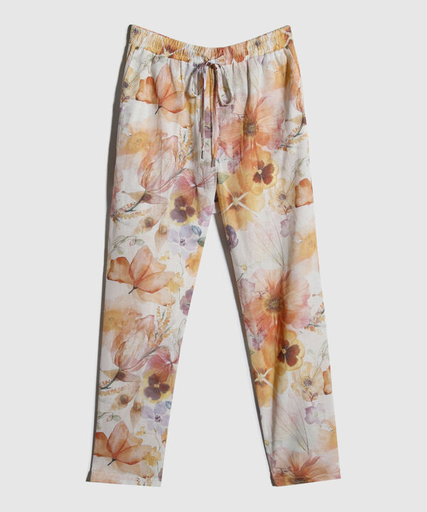 Pantalón Estampado En Lino Con Vena