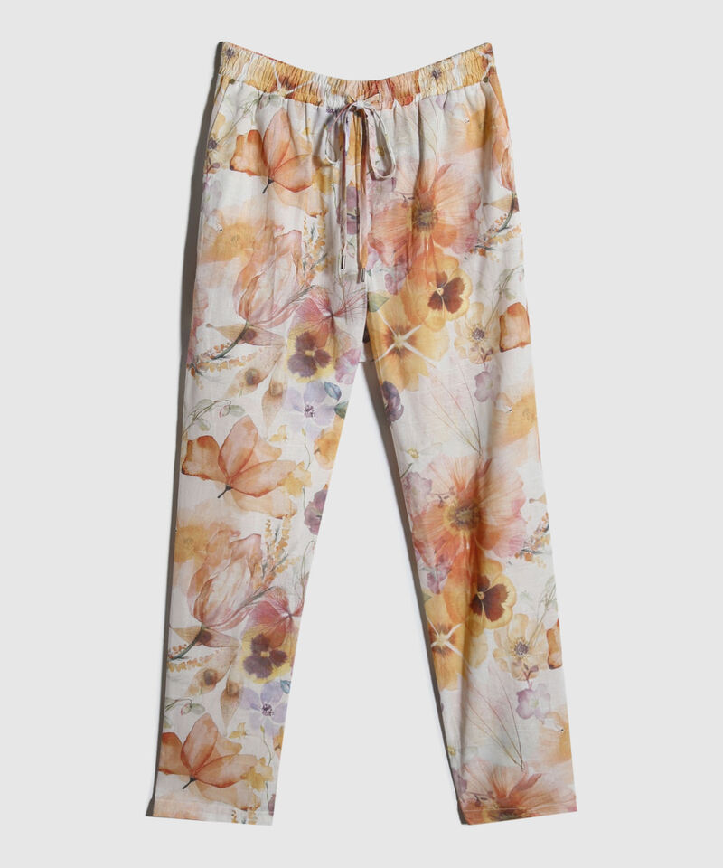Pantalón Estampado En Lino Con Vena