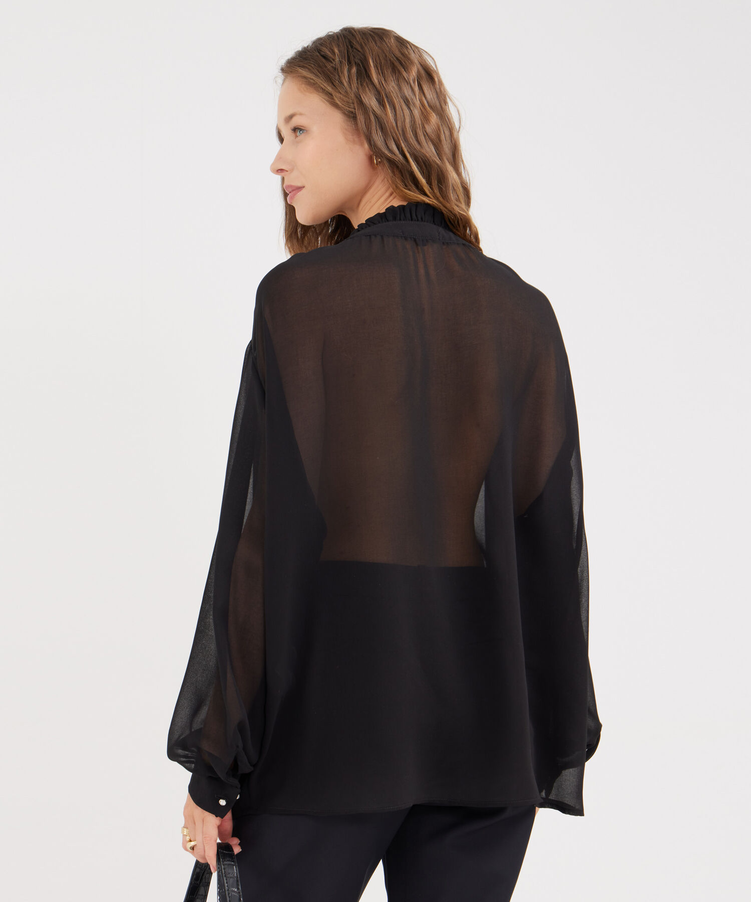 Blusa Con Volantes En Mangas Y Escote Unicolor