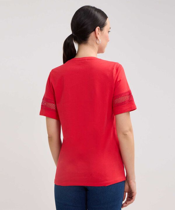 Camiseta Unicolor Cuello Redondo, Manga Corta Con Detalle Encaje