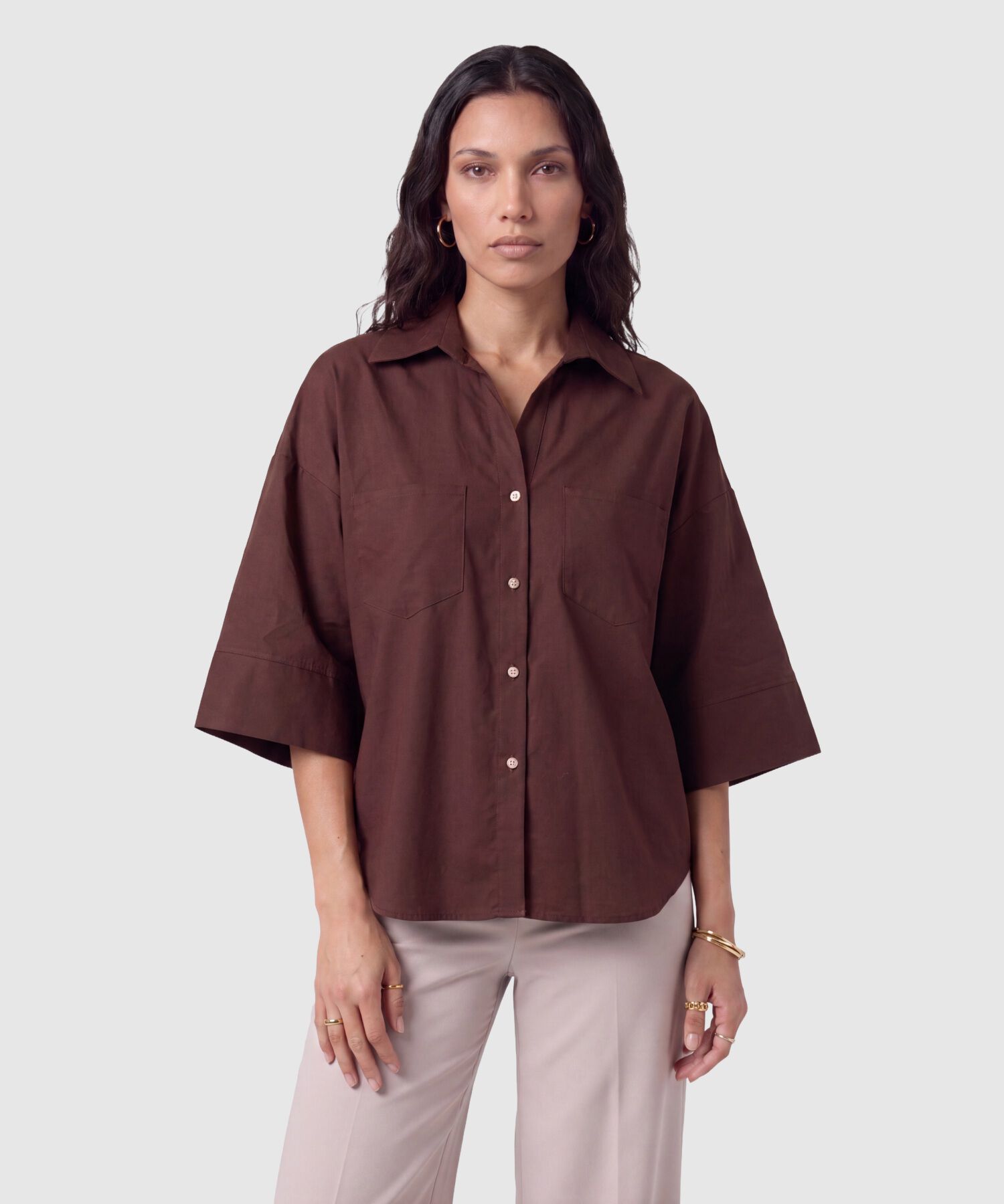 Camisa Mujer Manga 3/4 Unicolor con Bolsillos