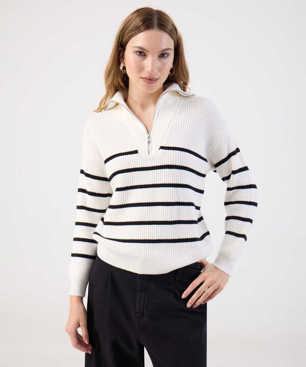 Saco Rayas Náutico Cuello Zip Moderno Para Mujer image number null