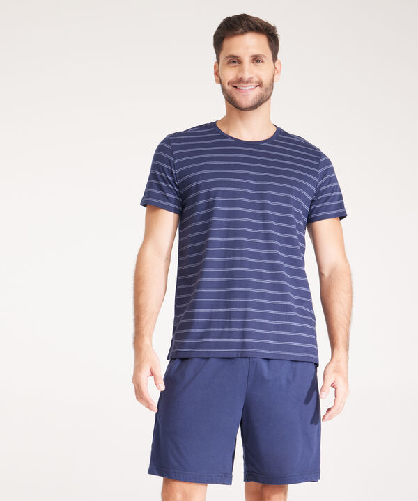 Pijama Set Camiseta Manga Corta Estampada Rayas Y Bermuda Unicolor