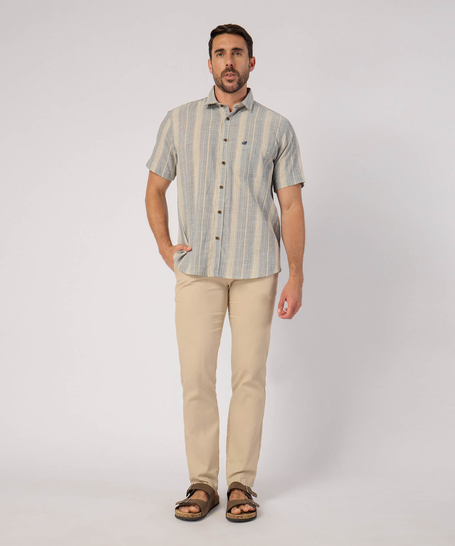 Camisa Manga Corta A Rayas Con Bolsillo 