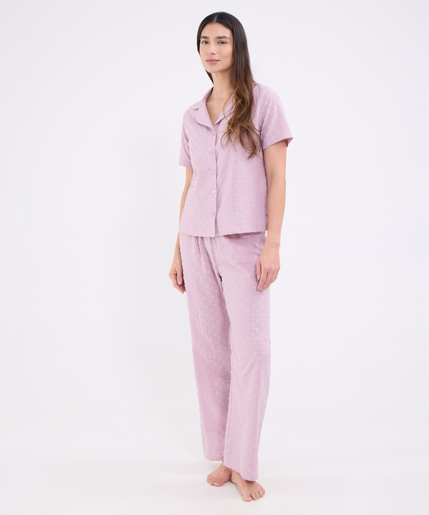 Conjunto Pijama Manga Corta, Pantalon Largo Cuello Resort Para Mujer