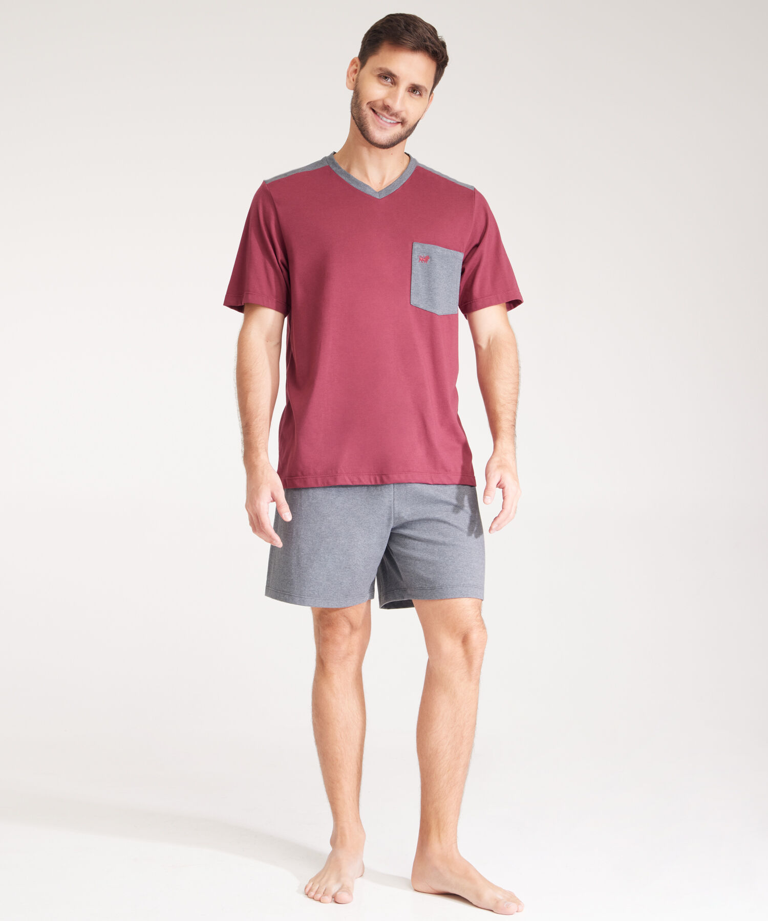 Pijama Set Camiseta Unicolor Con Cortes En Hombre Contraste Bolsillo Y Bermuda Unicolor
