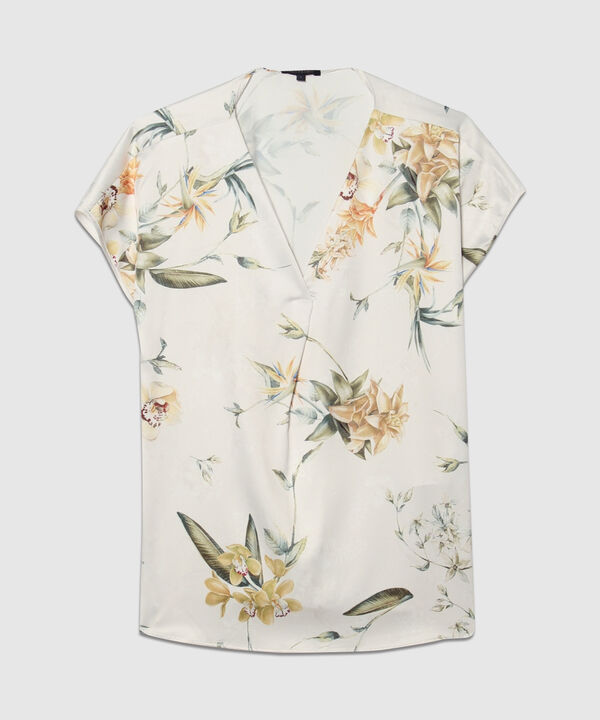Blusa Estampada Cuello V Con Prense En Centro Frente Con Manga Corta Corrida Y Silueta Holgada