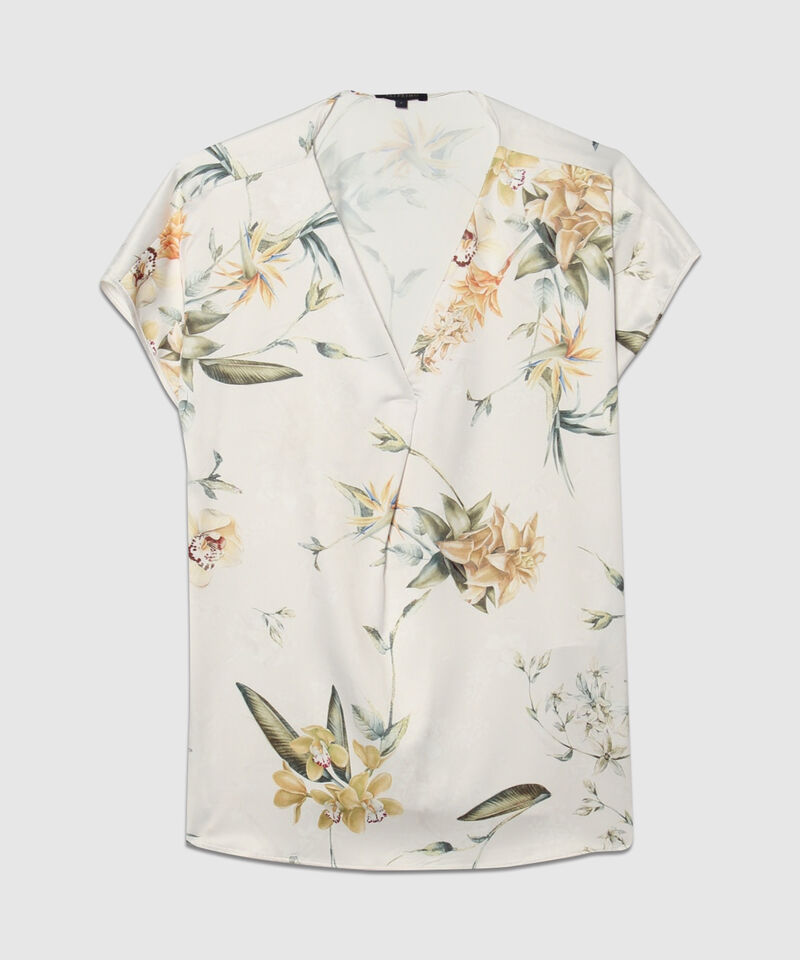 Blusa Estampada Cuello V Con Prense En Centro Frente Con Manga Corta Corrida Y Silueta Holgada