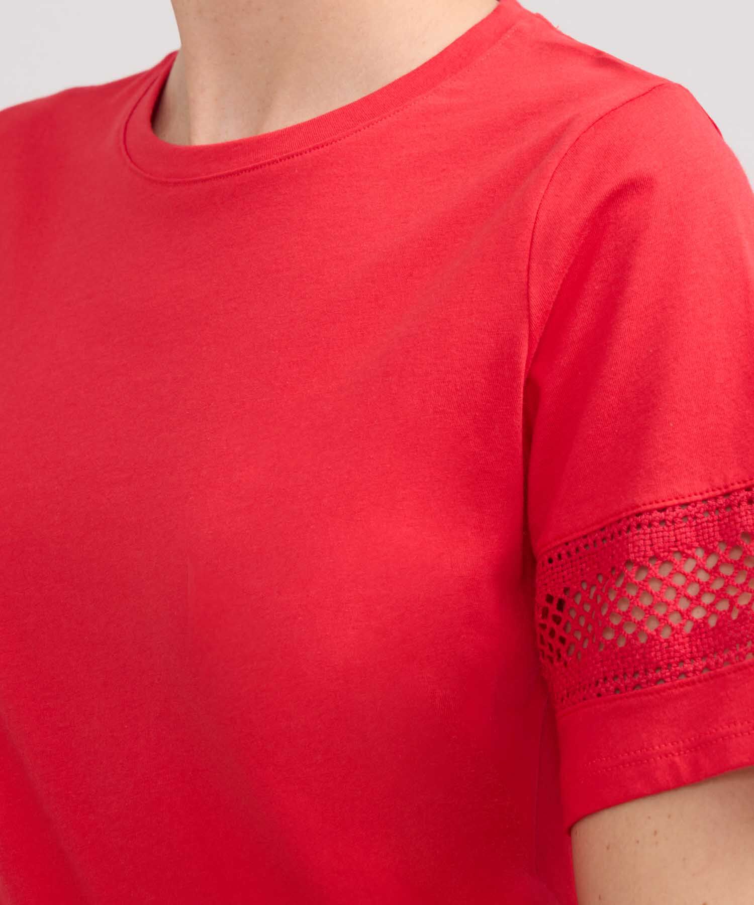 Camiseta Unicolor Cuello Redondo, Manga Corta Con Detalle Encaje