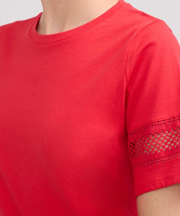 Camiseta Unicolor Cuello Redondo, Manga Corta Con Detalle Encaje image number null