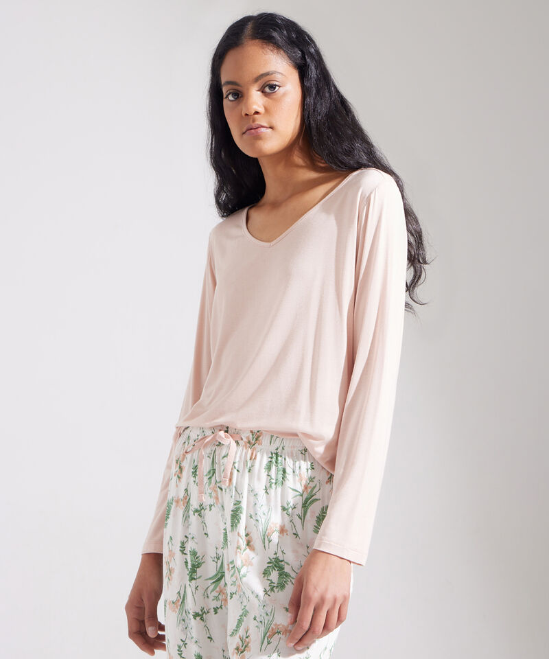 Pijama Set Camiseta Manga Larga Cuello V Unicolor Y Pantalón Plano Estampado