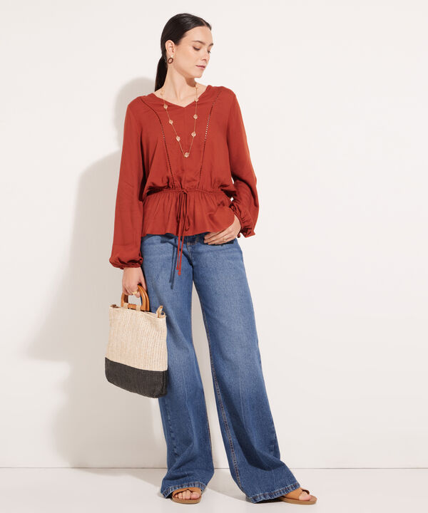 Blusa Escote V Manga Larga Unicolor
