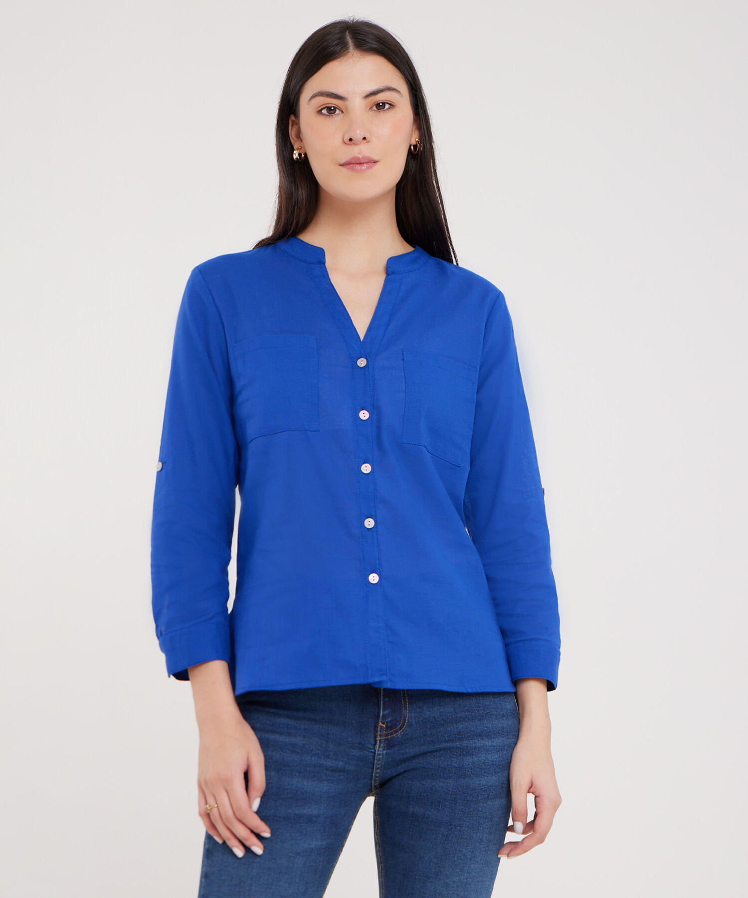 Blusa  Manga Larga Con Bolsillo Unicolor