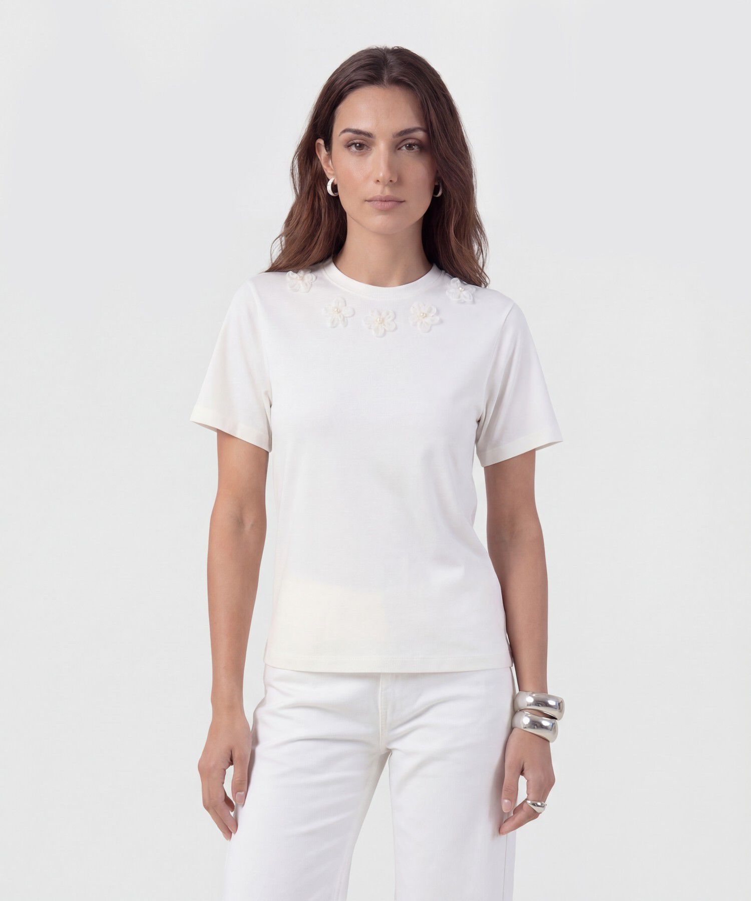 Camiseta Cuello Redondo Con Apliques Mujer